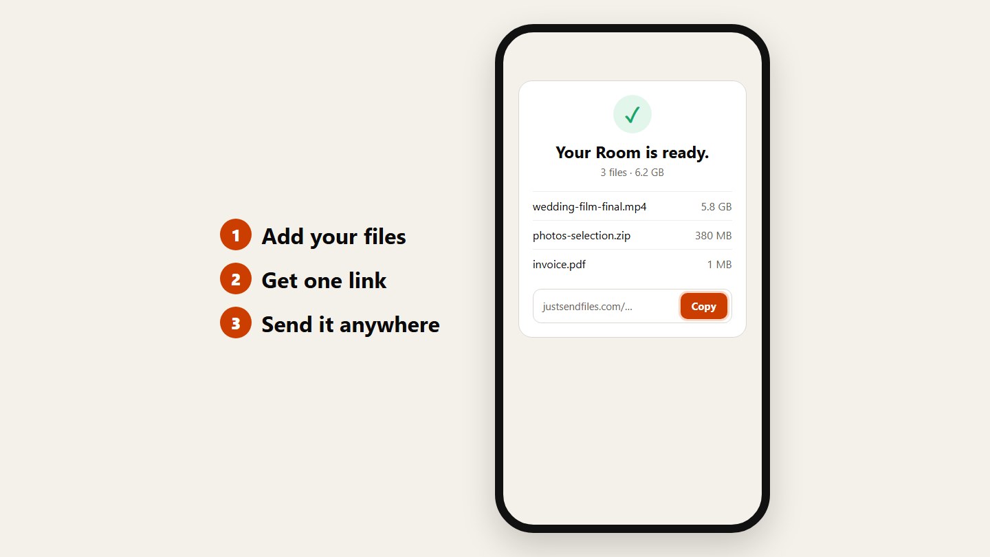 A phone showing Your Room is ready with three files and a Copy link button