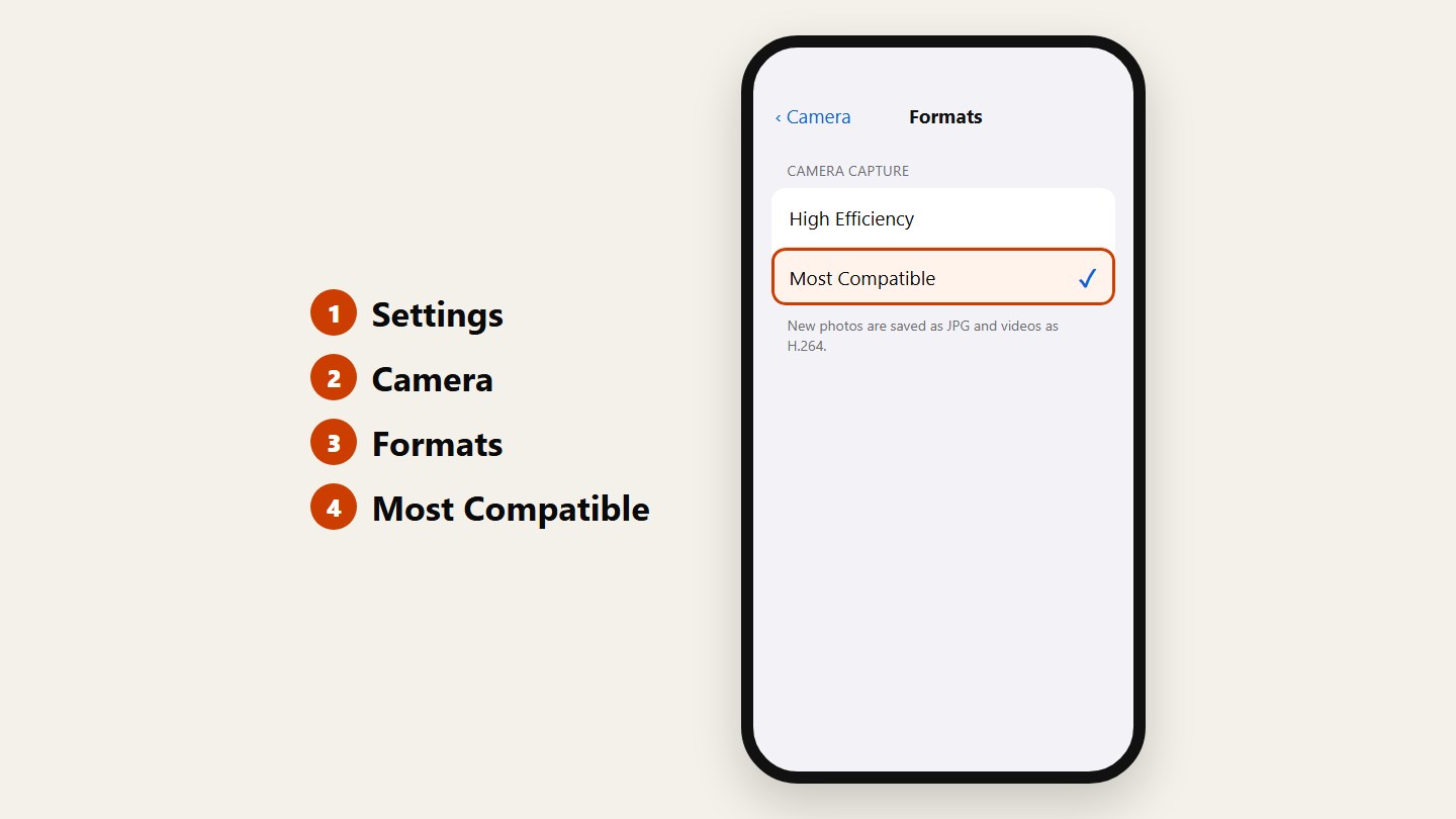 iPhone Settings, Camera, Formats, with Most Compatible selected