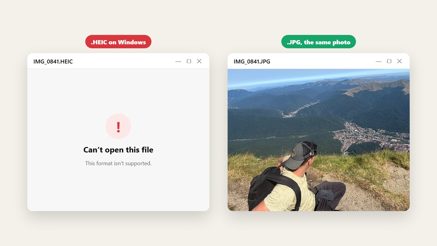 The same photo twice on a computer: the HEIC file won’t open, the JPG does