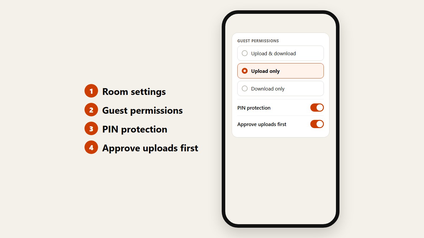 Room settings with Upload only, PIN protection and Approve uploads first turned on