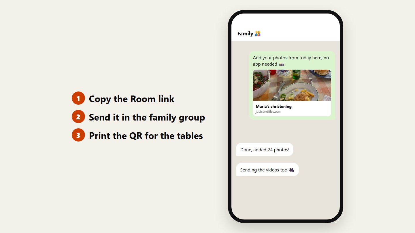 A family chat with the Room link and replies from guests
