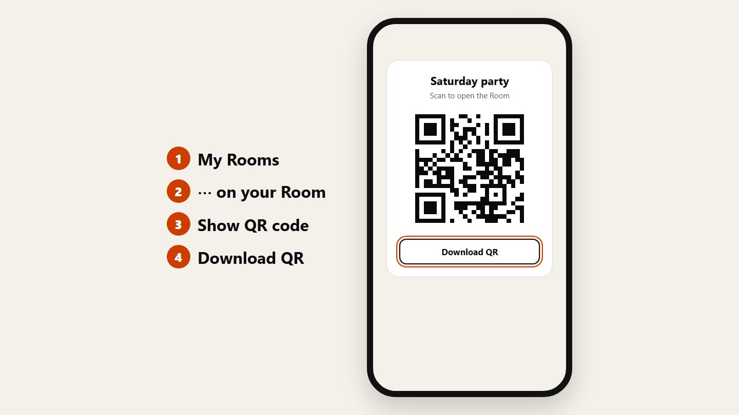 A phone showing a Room’s QR code with a Download QR button