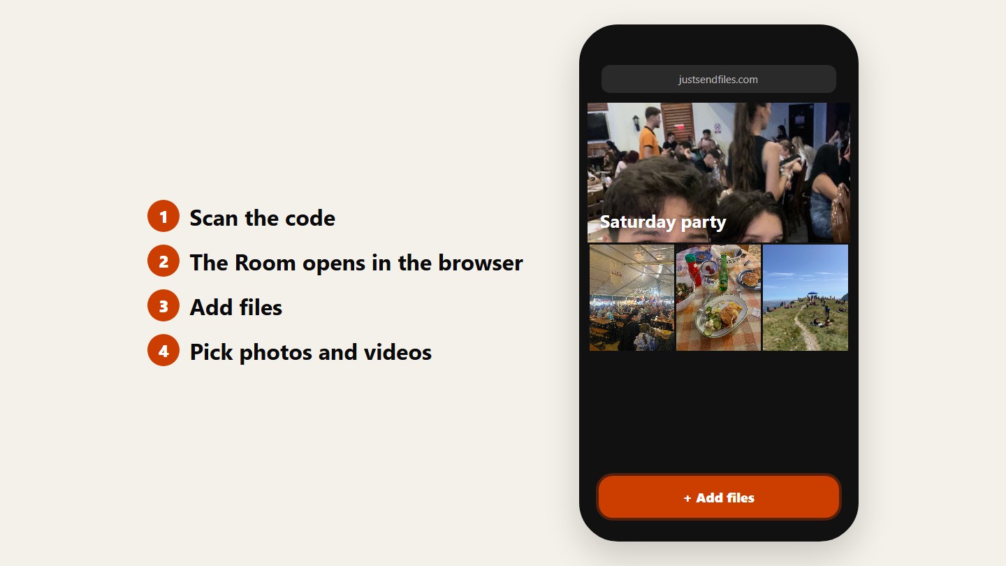 A phone with the Room open in the browser and an Add files button