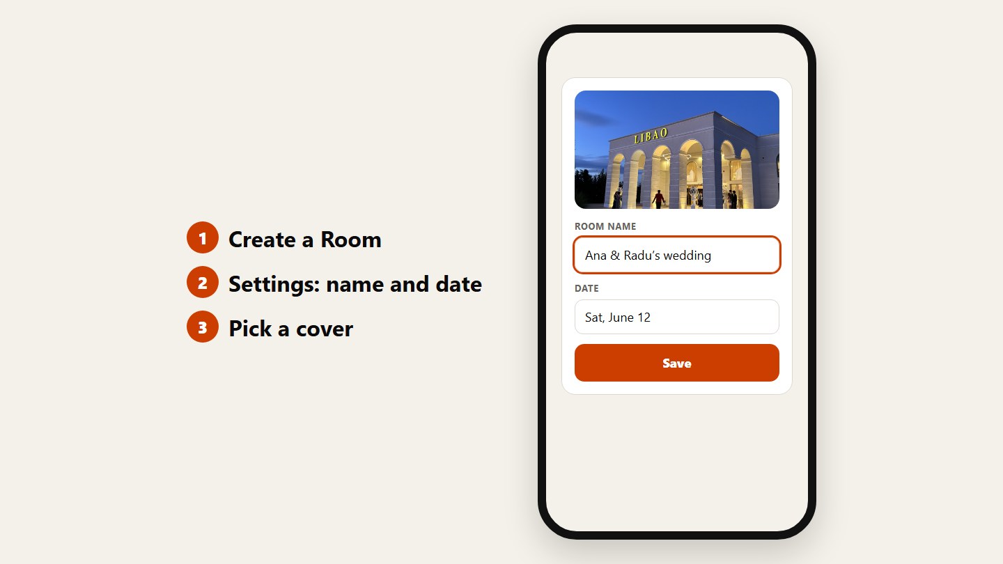 A phone with the wedding Room’s name, date and cover