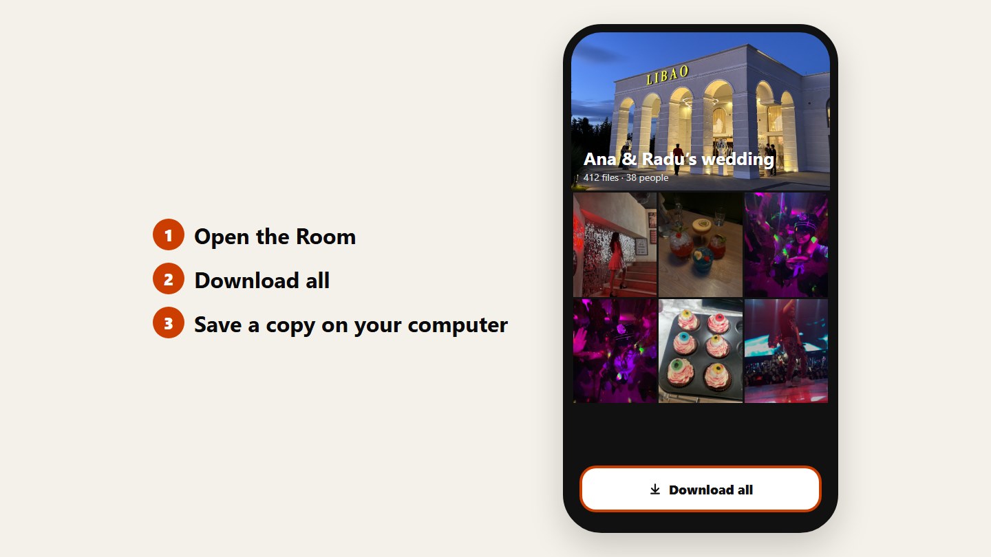 A wedding Room with guests’ photos and a Download all button