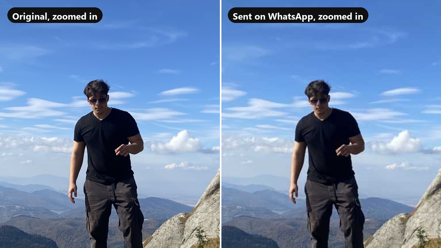 The same photo side by side: the original and the copy sent on WhatsApp, zoomed in